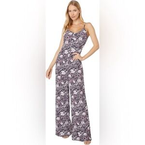 Bobi Black Black Floral Wide Leg Lightweight Smocked Back Thin Strap Jumpsuit